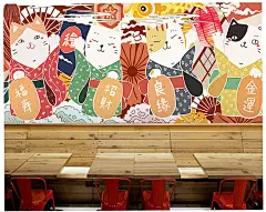 3d日式招财猫木纹墙纸餐厅火锅小吃店大型壁画日本料理寿司店壁纸-淘宝网