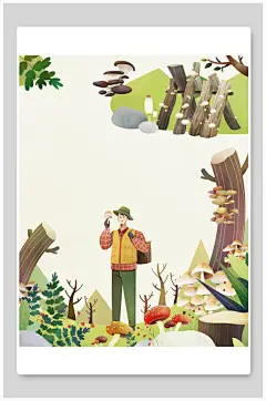 采蘑菇手绘插画海报背景