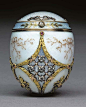 #Fabergé  --  Jewelled, Two-color Gold, Silver-gilt & Guilloché Enamel Egg Bonvonniere  --  1896-1908  --  Workmaster: Henrik Wigstrom  (St. Petersburg)  --  Via Christie's
