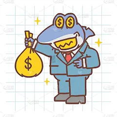 鲨鱼老板站在钱袋边微笑。手绘的性格