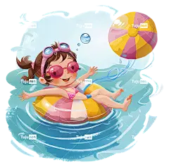 夏日乐趣—卡通人物漂浮在海洋中的充气管上