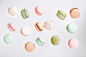 Macarons cake, top view flat lay, fly falling macaroon background