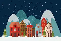 卡通可爱冬天雪景背景矢量图背景图_新图网 https://ixintu.com 冬季景观 冬季雪景扁平素材下载 卡通 圣诞素材 扁平 景观背景 矢量 美丽的房屋 雪夜 雪白景观 矢量图
