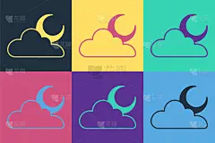 流行艺术云与月亮图标孤立的颜色背景。多云的夜晚的迹象。睡眠的梦想的象征。晚上或睡觉的时间标志。向量