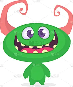 怪物,绿色,有角的,可爱的,魔鬼,小的,动物,面部表情,站