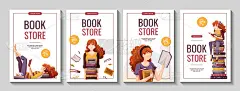 一组印有阅读妇女和书籍的横幅。书店，书店，图书馆，爱书人，爱书者，教育理念。