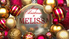 给Melissa的圣诞贺卡，用闪亮的，金色的圣诞装饰球和圣诞快乐的祝福，给一个亲爱的家庭成员发送温暖