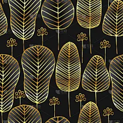 乱画,黄金,叶子,四方连续纹样,黑色背景,华丽的,平视角,纺织品,华贵