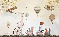 儿童 卡通 动物 热气球 长颈鹿 自行车 飞机 与友同行 壁画 壁纸 墙画 背景墙