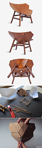 椅子作品“exo chair”，使用木材和皮革制作。