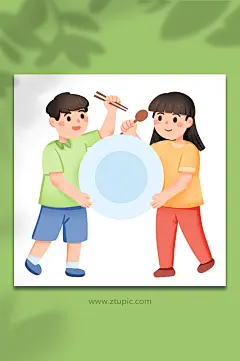 卡通文明餐桌光盘行动公勺公筷勤俭节约插画-众图网
