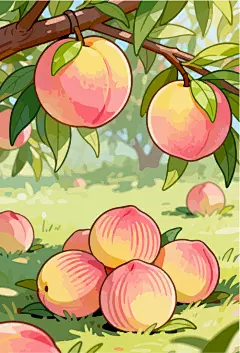 新鲜桃子桃树插画