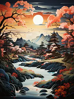 一幅展示河流、中国古代村落、中国古代建筑的油画，设计风格俏皮