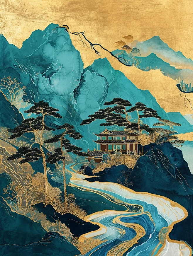 鎏金山水画海报-花瓣网