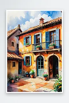 手绘油画老房子四合院插画-众图网