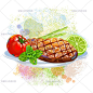[EPS] 矢量手绘水彩蔬菜肉汉堡水果烤肉牛排橙子番茄西红柿素材-淘宝网