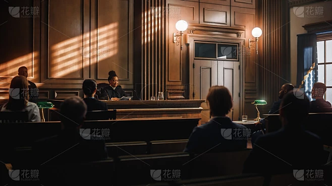 法庭审判:公众坐在法官席上，聆听公正法官的审判。最高联邦法院非裔美国法官敲击木槌开始民事案件听证。素材-花瓣网