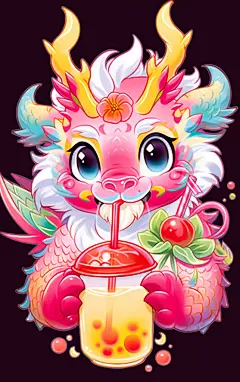 可爱卡通龙喝奶茶的中国龙元素图