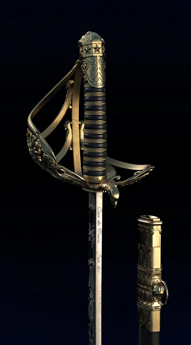 French sword, Anastasia Fileva : This model sculpted, retopologed in ZBrush, baked displaced map and normal map, rendered in V-Ray, 3d's Max. We saw it in Army Museum in Paris, I was inspired by the sable and decided to sculpt it. I made it in cooperatio