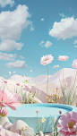 an artificial landscape with pretty spring flowers and desert sky, in the style of playful shapes, minimalist stage designs, sketchfab, subtle pastel hues, petrina hicks, soft focus lens, 3d