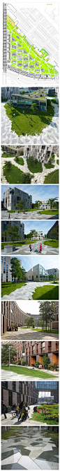阿姆斯特丹市政府建立了一个新的居民区，希望这个小区的景观设计能打破传统并美化环境。事务所接受了这一挑战，在16栋新建的公寓间设计了一组连续、开放式的庭院公园。这个开放连续性的庭院由草坪、拼接路面和单体大树构成，居民和路人可以通过连续的空间自由行走。http://t.cn/zYl7Fhd