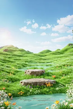 3D 立体 春天背景图 森林 母婴 饮品 草地 展示台