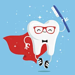 快乐健康的牙齿在红色斗篷和牙刷矢量图素材