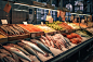 Fresh fish on display at a fish market with AI generated