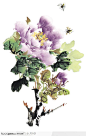 中国国画之花类植物-引来蜜蜂的紫色花卉