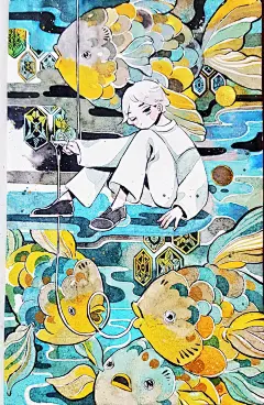 清新梦幻的水彩人物绘画，浪花和人物的相结合，充满了夏日的凉爽