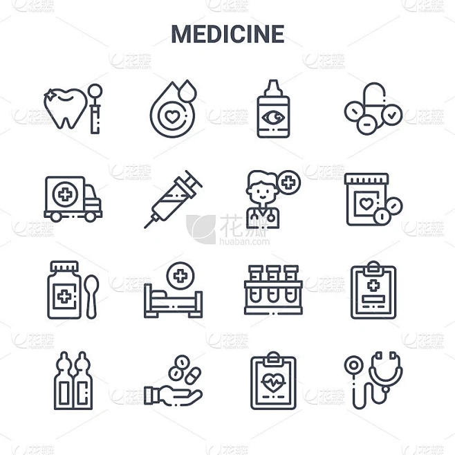 set of 16 medicine concept vector line icons. 64x6素材-花瓣网