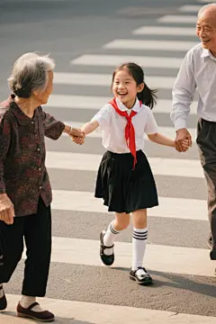 小学生做好事献爱心扶老人过马路公益活动