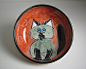 Pottery Feeding Bowl Dish Clay Siamese Cat Grey on Red / Clay Lick Creek Pottery