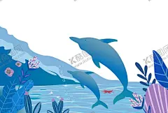 海豚表演 【酷图网】矢量,插画,蓝色系,扁平风,海豚,矢量素材,小清新,花,草,海洋,