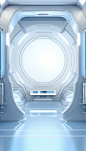 futurist spaceship interior with white walls and light, in the style of screen format, transparent layers, light blue and silver, realistic detailing, confessional, kitchen still life, spot metering