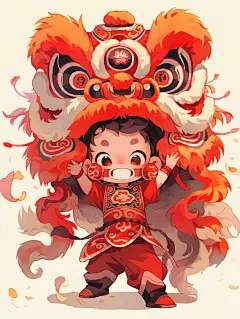舞狮少年水彩插画喜庆海报