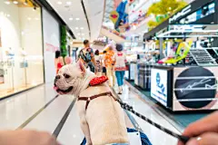 点击来源直接获取大图文件 |亚洲男子推着宠物推车中的法国斗牛犬在宠物友好型购物中心漫步。家养犬和主人享受城市户外生活方式，在夏季度假旅行城市。宠物拟人化概念。