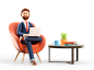 Businessman with laptop sitting in office workplace 3D Illustration