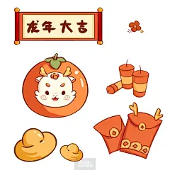 57款2024年龙年新春快乐元素对联烟花灯笼卡通贴纸模板素材 (33)
