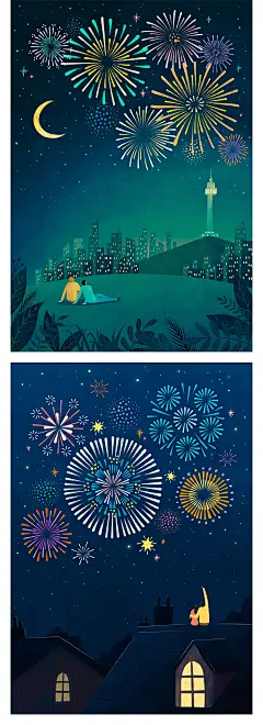 扁平浪漫城情侣市烟花夜空夜景公园天台户外屋顶插画PSD设计素材-淘宝网