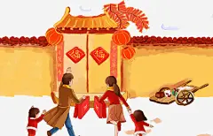 2018回家过年春节插画海报高清素材 一家人 回家过年 恭贺新年 新年 新年海报 旧建筑 春节 春节海报 春运 犬年 狗 贺新年 免抠png 设计图片 免费下载