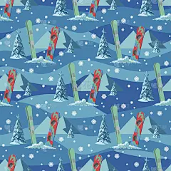 矢量手绘无缝模式的滑雪，杆和松树