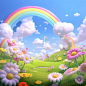 Open space, blue sky with cotton-like clouds, cute pink flowers, white daisies, light rainbow, fantastic cartoon style, cute, clear details, 3D, no characters, no animals