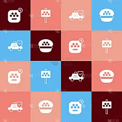 设置流行艺术出租车手机app，出租车站路牌，车险，司机帽图标。向量
