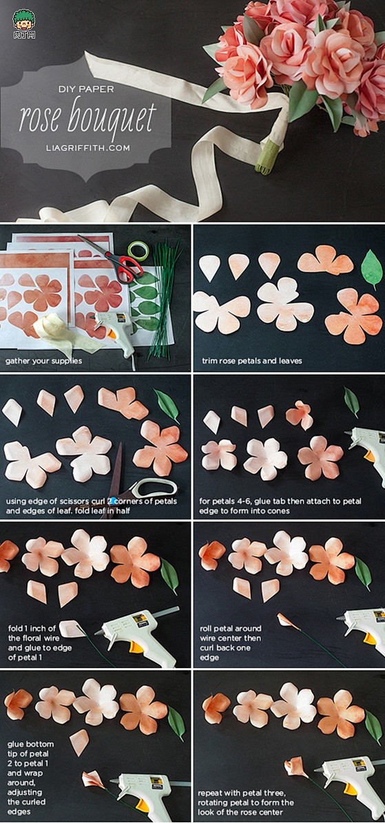 纸玫瑰婚礼捧花 手工新娘捧花DIY图解