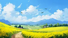 立春春天水彩插画春天唯美天空蓝天白云草地油菜花手绘风景插画桌面壁纸