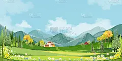 春光春色，青山绿水，蓝天碧水，矢量夏日或春季景观，农舍、谷仓、草花绿野的全景乡村