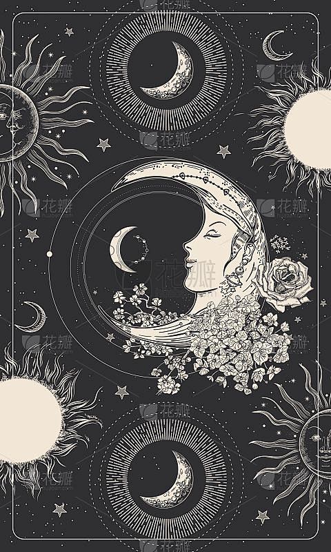 画有月亮、星星、太阳和花朵的脸。塔罗牌，...