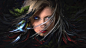 General 1920x1080 artwork fantasy art fantasy girl women face blue eyes leaves feathers piercing red lipstick hair in face