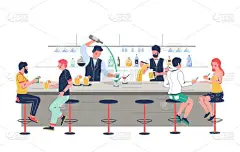 调酒师角色倒入啤酒，为酒吧、酒吧、俱乐部客户制作酒精鸡尾酒，并制作矢量平面插图